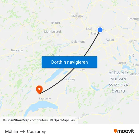 Möhlin to Cossonay map