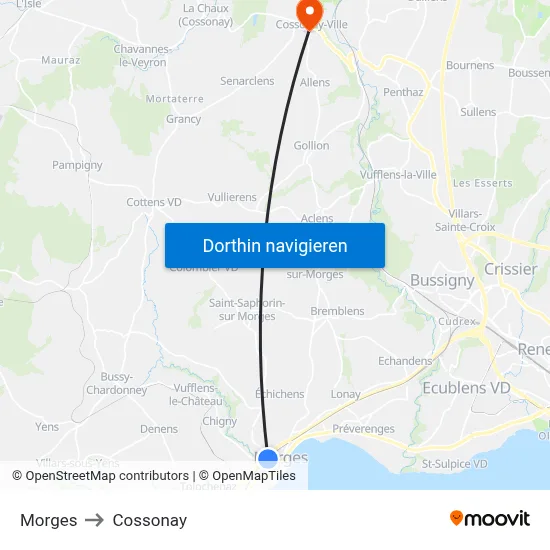 Morges to Cossonay map