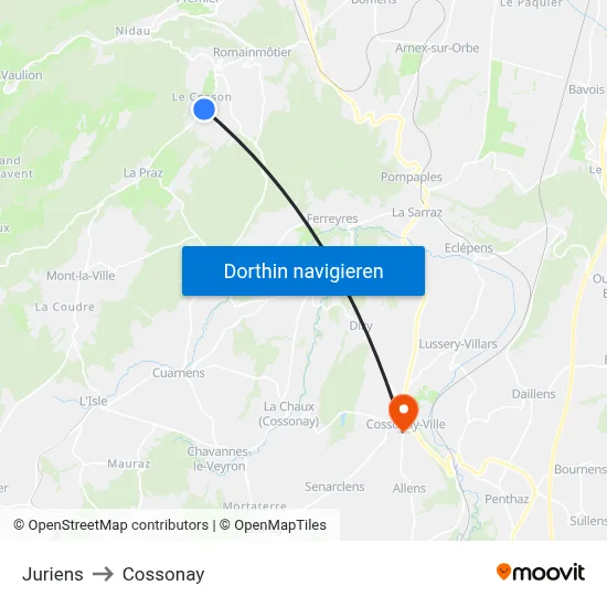 Juriens to Cossonay map