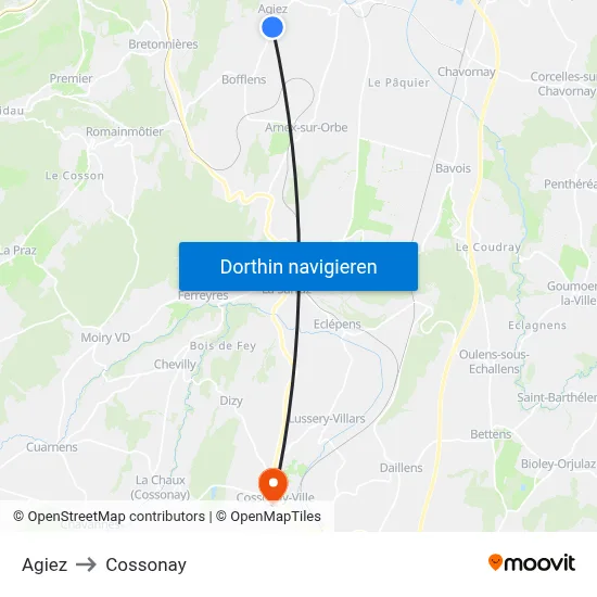 Agiez to Cossonay map