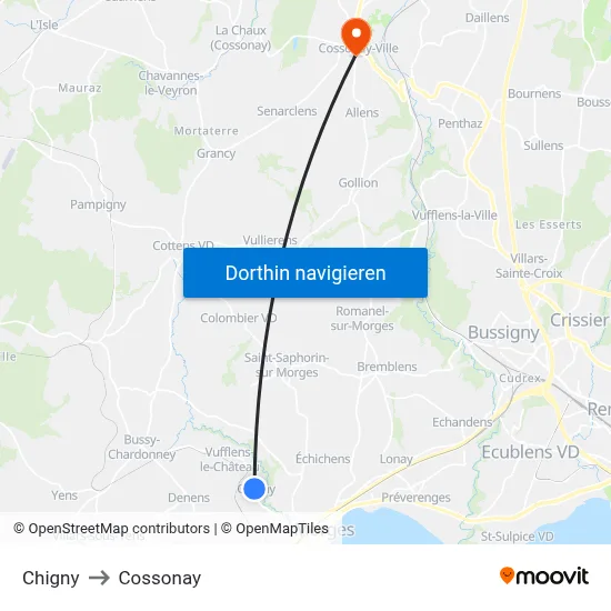 Chigny to Cossonay map