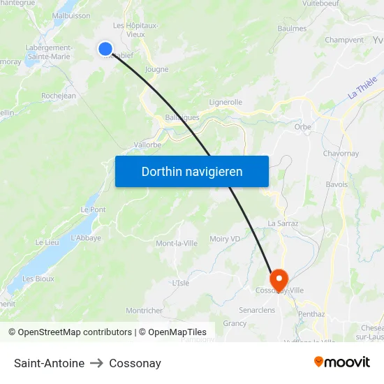 Saint-Antoine to Cossonay map
