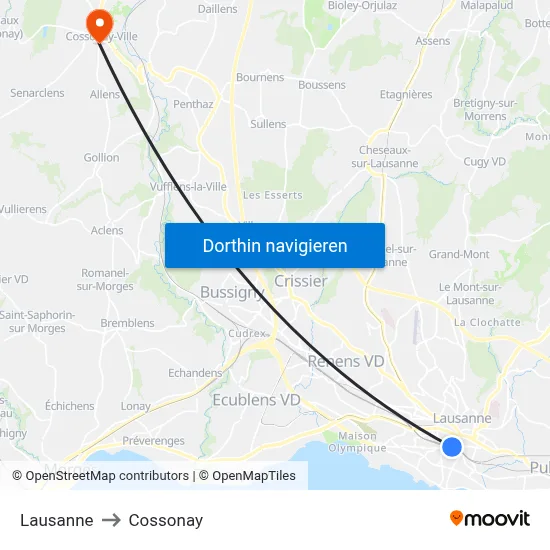 Lausanne to Cossonay map