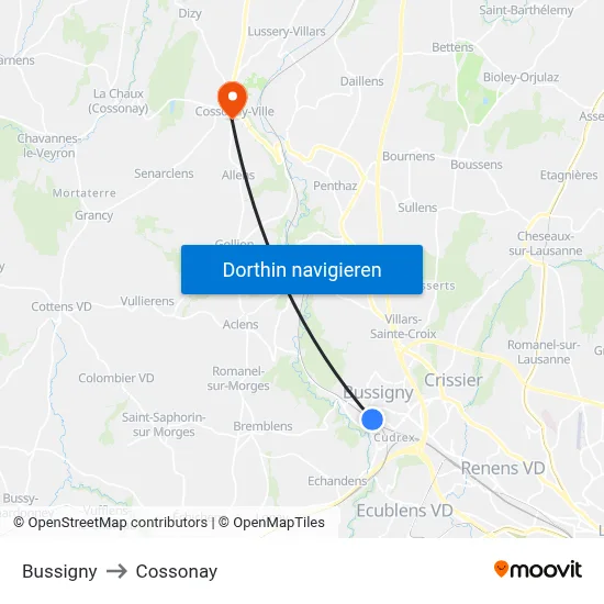 Bussigny to Cossonay map