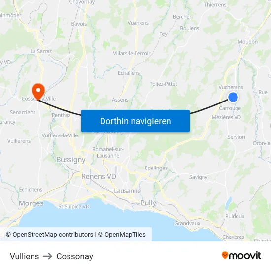 Vulliens to Cossonay map