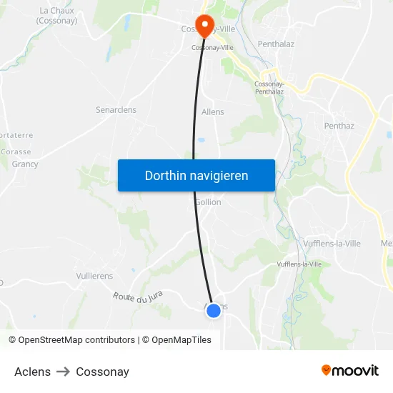 Aclens to Cossonay map