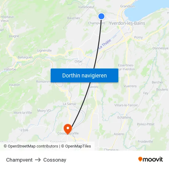 Champvent to Cossonay map