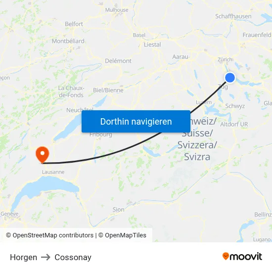 Horgen to Cossonay map
