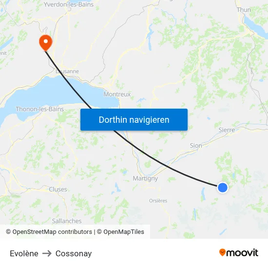Evolène to Cossonay map