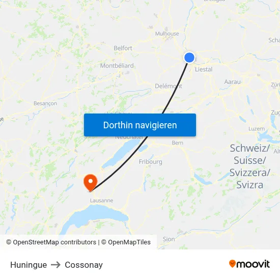 Huningue to Cossonay map