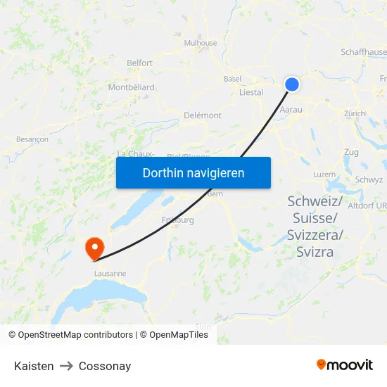 Kaisten to Cossonay map