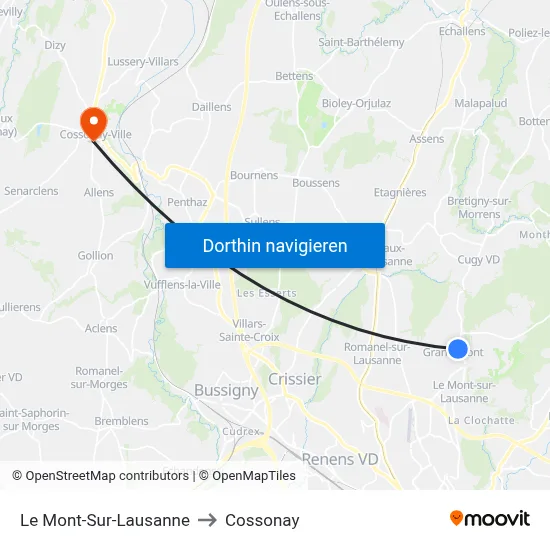 Le Mont-Sur-Lausanne to Cossonay map