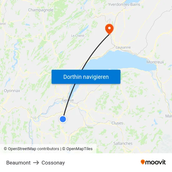 Beaumont to Cossonay map