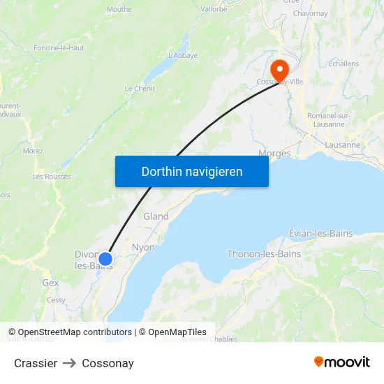 Crassier to Cossonay map