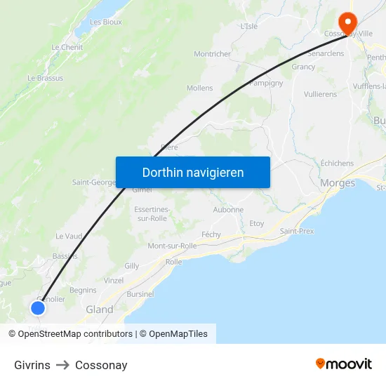 Givrins to Cossonay map