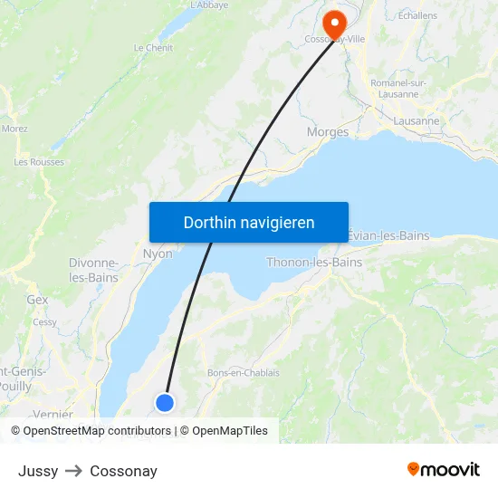 Jussy to Cossonay map
