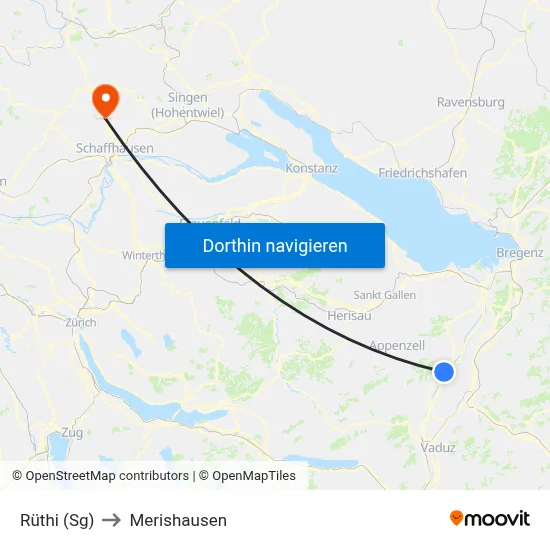 Rüthi (Sg) to Merishausen map