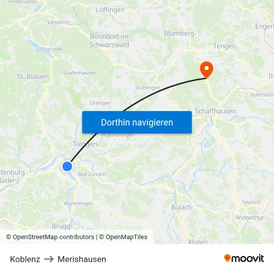 Koblenz to Merishausen map