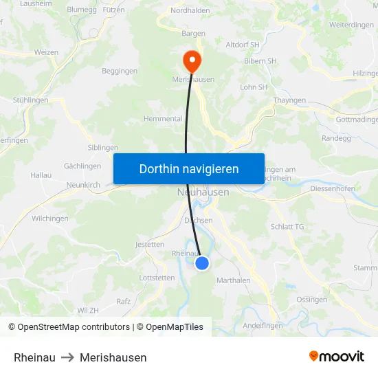 Rheinau to Merishausen map