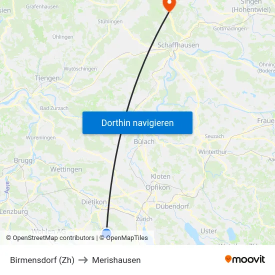 Birmensdorf (Zh) to Merishausen map