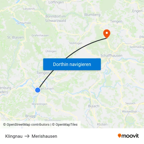Klingnau to Merishausen map