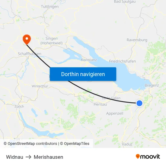 Widnau to Merishausen map