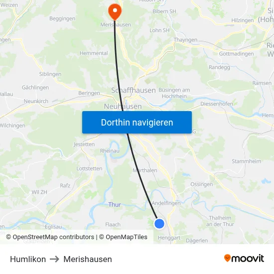Humlikon to Merishausen map