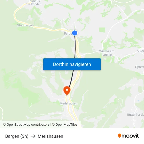 Bargen (Sh) to Merishausen map