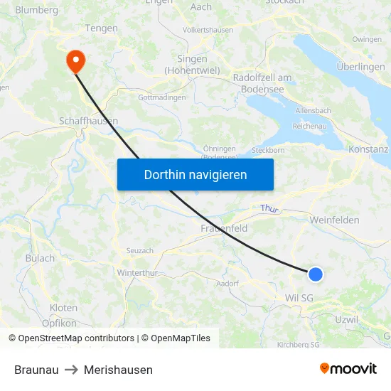 Braunau to Merishausen map