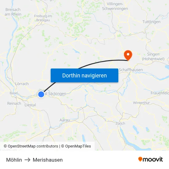 Möhlin to Merishausen map
