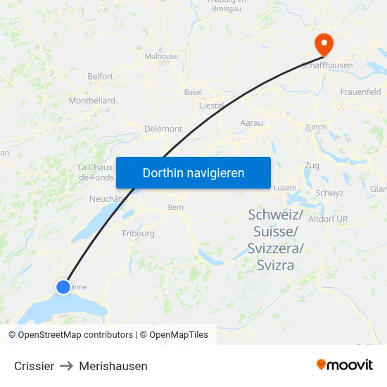 Crissier to Merishausen map