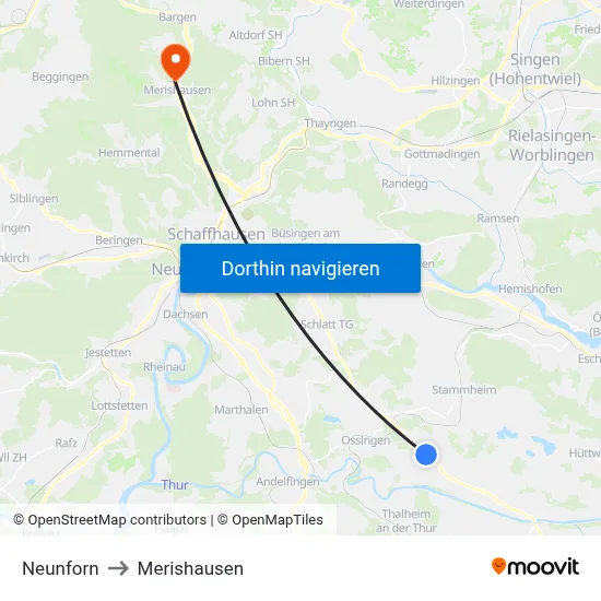 Neunforn to Merishausen map