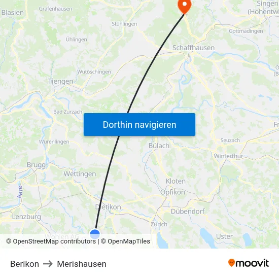 Berikon to Merishausen map