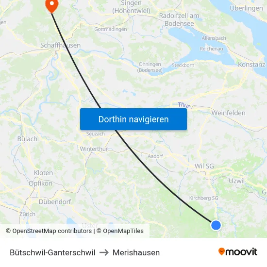 Bütschwil-Ganterschwil to Merishausen map