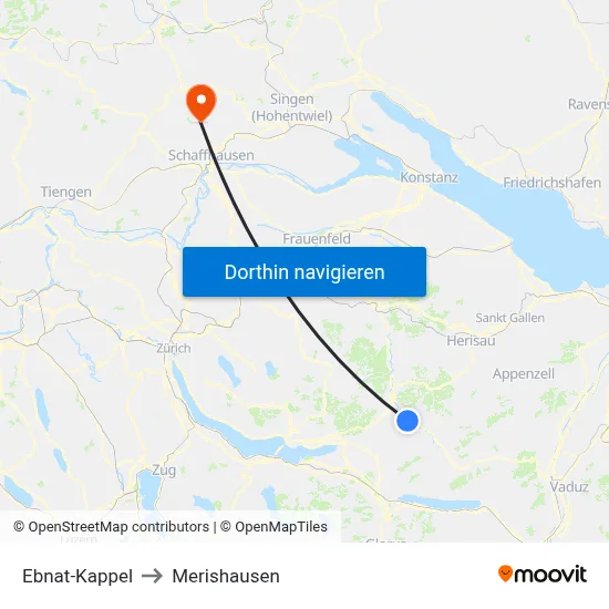 Ebnat-Kappel to Merishausen map