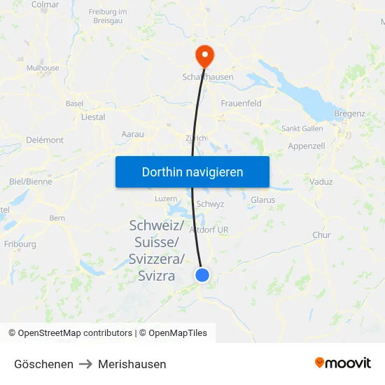 Göschenen to Merishausen map
