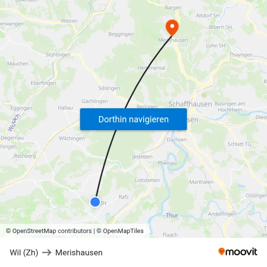 Wil (Zh) to Merishausen map