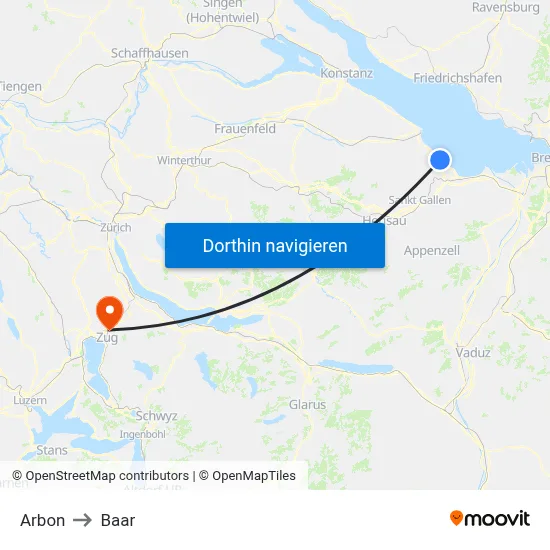 Arbon to Baar map