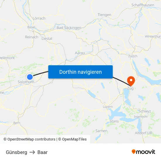 Günsberg to Baar map