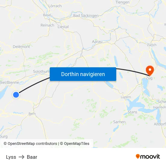 Lyss to Baar map