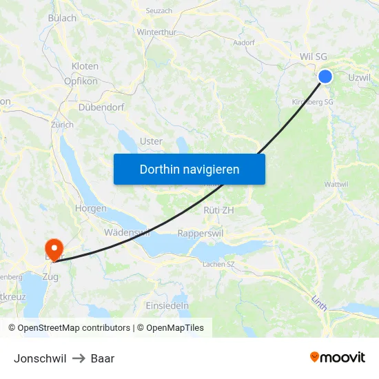 Jonschwil to Baar map