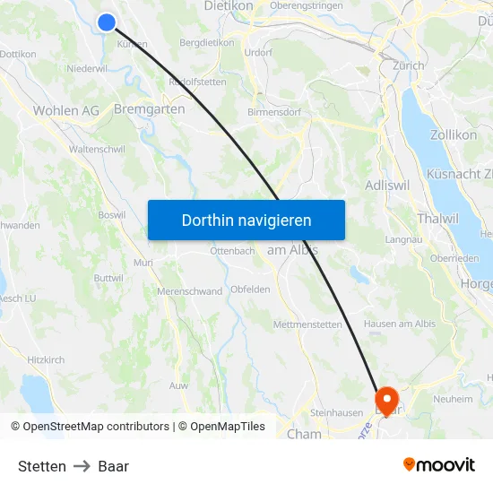 Stetten to Baar map
