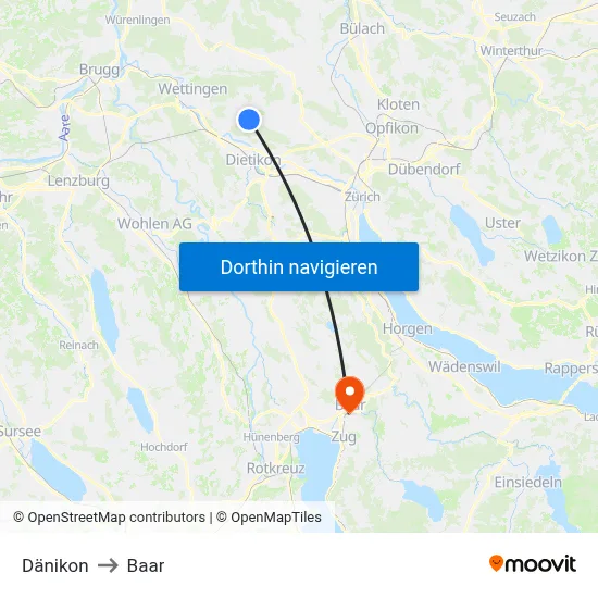 Dänikon to Baar map