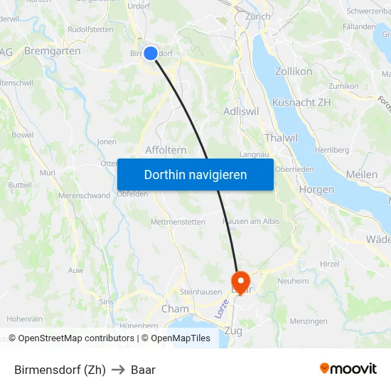 Birmensdorf (Zh) to Baar map