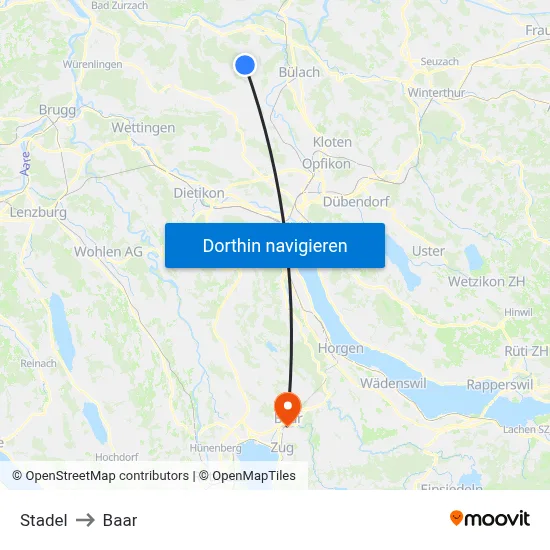 Stadel to Baar map