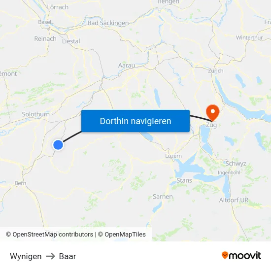 Wynigen to Baar map