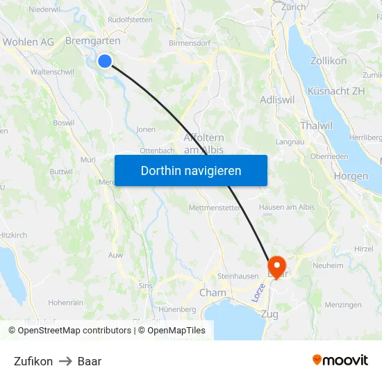Zufikon to Baar map