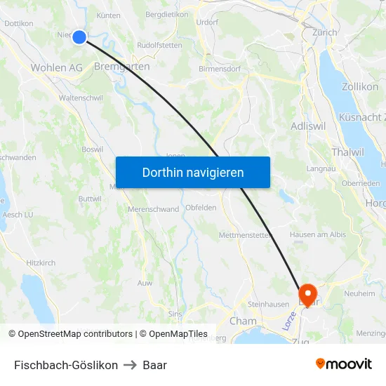 Fischbach-Göslikon to Baar map