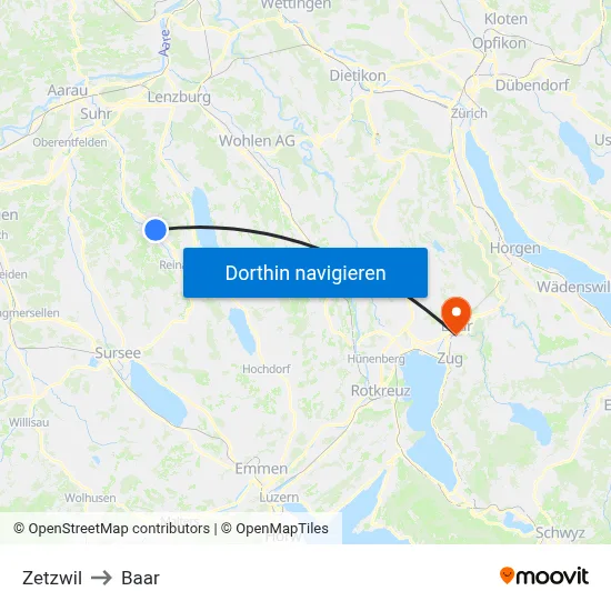 Zetzwil to Baar map