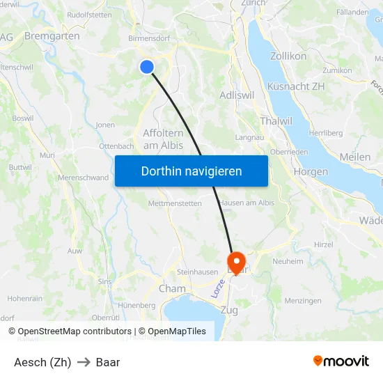 Aesch (Zh) to Baar map